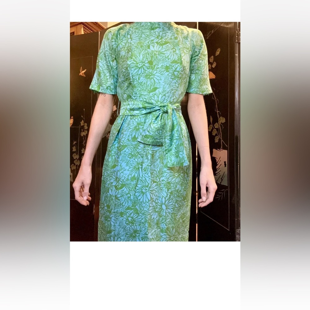 Vintage 1960's BLUE GREEN Silk Lanai Cocktail Party Dress sheath SMALL